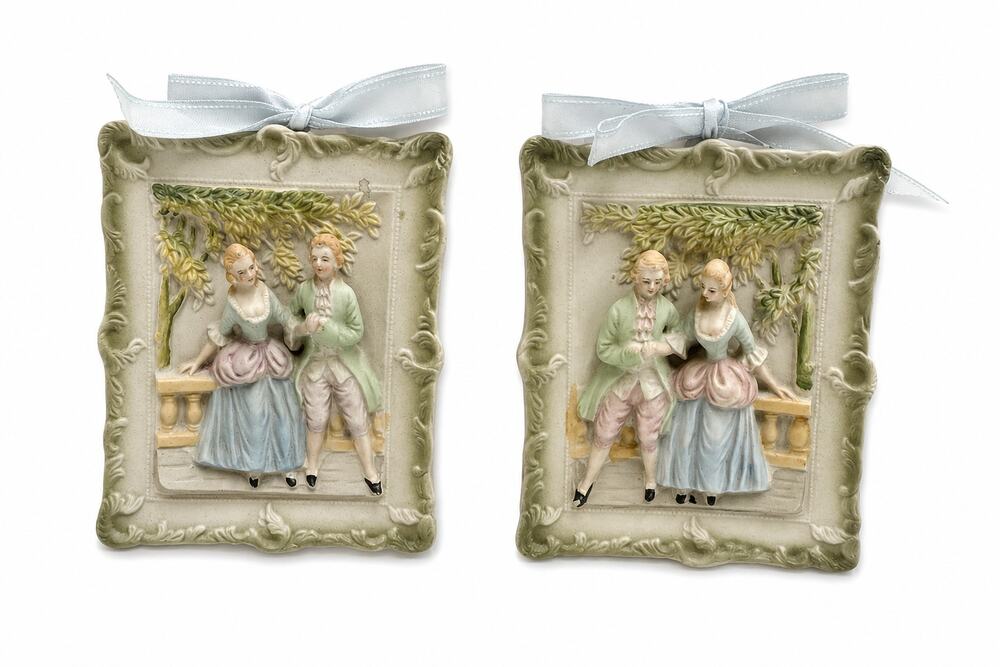 Pair Chase Occupied Japan Hand Painted Wall Plaques Victorian Relief 1945-1952